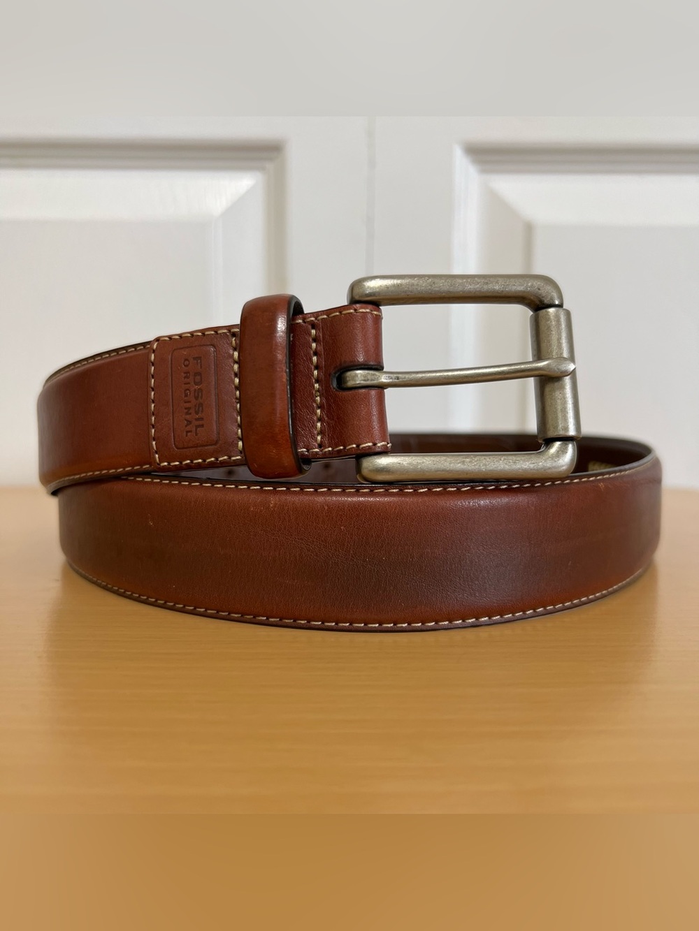 Fossil Original Men's Brown Leather Belt Silver-Tone Buckle Size 38